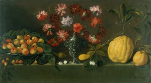 Plommon på ett fat, nejlikor i en urna, kvitten på en avsats (olja) av Giovanni Quinsa