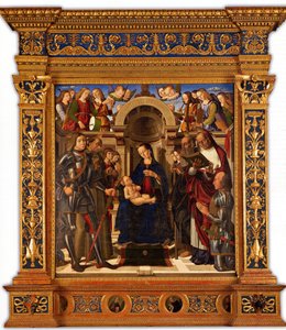 Pala Oliva. Madonna och barn tronade mellan Saints George, Francis of Assisi..., 1489.