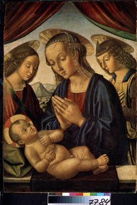Jungfrun och barnet med änglar (Jungfrun och barnet med änglar). Jesu Kristi gloria är markerad med ett kors. Målning av Giovanni di Sante di Pietro eller Giovanni Santi eller Sanzio (cirka 1435-1494). Tempera på trä, 62 x 44 cm