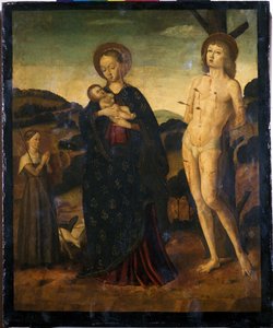 Madonna och barn med St. Sebastian och en herdinna (tempera på poppelträ)