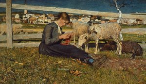 Flicka gör strumpor av Giovanni Segantini (1858-1899), olja på duk, 54x88 cm
