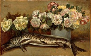 Stilleben med blommor och fiskar eller Gädda och rosor av Giovanni Segantini