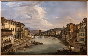 Utsikt över Arno från Ponte Vecchio mot Alle Grazie-bron
