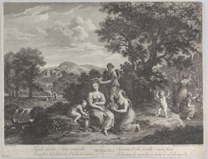 Primavera, en grupp kvinnor som samlar in blommor och gör kronor av dem, ca. 1764.