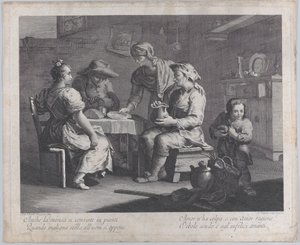 Tre personer satt runt ett bord till vänster när en man kommer med en tom tallrik..., 1760-70. av Giovanni Volpato