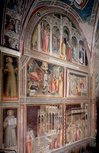 Jungfruns liv: Joachim utvisad från templet, tillkännagivandet och mötet med Anne, Marias födelse, presentationen och äktenskapet (Fresco
