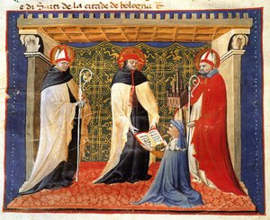 Miniatyr av stadgarna för draperisällskapet, av Giovanni da Modena