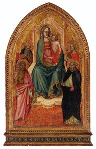Madonna med barnet tronande med heliga Barbara, Dominikus, Johannes Döparen och Antonius Abbot