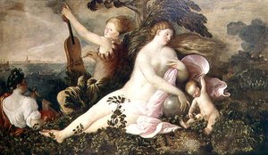 Allegori om en venetiansk seger, den centrala figuren av Fortune eller Chance ackompanjerad av figurer som symboliserar natur och musik, ca 1518