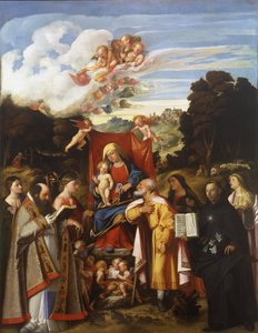 Madonna Enthroned with Angels, St. Apollonia, St. Augustine, St. Catherine, St. Joseph, St. Grata, St. Philip Benizzi och St. Barbara (St. Gotthard altartavla) av Giovanni de Busi Cariani