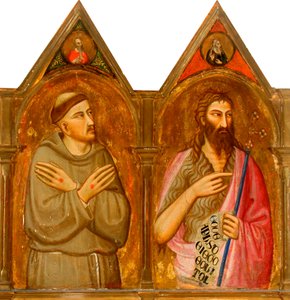 Saint Francis och Johannes Döparen (vänster panel av triptyk) (tempera och bladguld på panel) av Giovanni del (follower of) Biondo
