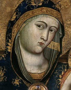 Jungfru och barn, detalj. Jungfru Marias ansikte täckt med ett genomskinligt tyg och en huva gjord av rött tyg. Detalj av porträttet av Jungfrun och barnet. Målning av Giovanni Del Biondo (ca 1356-1398). Polyptyk. Italiensk altartavla. Mått: 140x