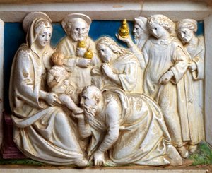 Adoration of the Magi, detalj från Predella of Last Judgment, av Giovanni Della Robbia (1469-1529), Church of San Girolamo at Volterra, Toscana