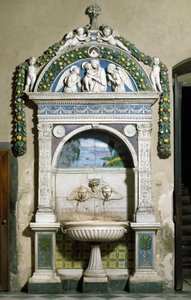 Decoree-fontän med hög relief i marmor och terrakotta av Giovanni della Robbia (1469-1529) 1498. Santa Maria Novellas sakristia, Florens