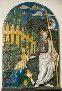 Noli me tangere Jesus Kristus håller en vit flagga (standard) slagen med ett rött kors och hans aureol är markerad med ett kors. Keramiska reliefstrumpor av Giovanni della Robbia (1469-1529) Florens, Museo Nazionale del Bargello