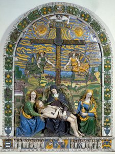 Depositionen (Pieta) Jesus Kristus och Jungfru Maria omgiven av Sankt Johannes och Sankta Maria Magdalena före korset med inskriptionen INRI (I.N.R.I.). Lågreliefkeramik av Giovanni della Robbia (1469-1529) Dim. 3x2,28 m Florens, Museo Nazionale