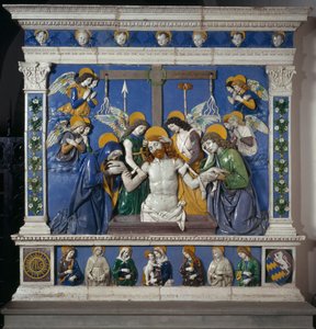 Avsättningen av Jesus i den heliga graven med jungfrun och Johannes evangelist Representation av symboler för passionen: piskor, törnekrona och svamp indränkt i vinäger (posca). Högreliefkeramik av Giovanni della Robbia (1469-1529) cirka 14