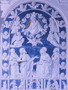 Madonnan mellan Saints Francis, Dominic och Bernard, av Giovanni della Robbia (1469-1529), Church of San Francesco i Foiano della Chiana, Toscana