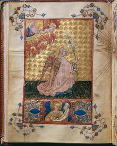 Italien, Annunciation: the Angel with a lily, miniatyr av Giovanni di Benedetto da Como, från Officium Beatae Mariae Virginis av Alberto de Porcelis av Giovanni di Benedetto da Como