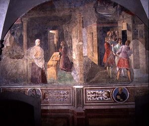 St. Benedictus lagar den trasiga silen, detalj från freskcykeln av St. Benedikts liv från Chiostro degli Aranci (apelsinklostret) c.1430-talet (fresk) av Giovanni di Consalvo (attr. to)