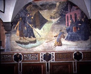 St. Benedict hämtar skogshuggaryxan från sjön, detalj från freskcykeln av St. Benedikts liv från Chiostro degli Aranci (apelsinernas kloster) ca 1430-talet (fresk) av Giovanni di Consalvo (attr. to)