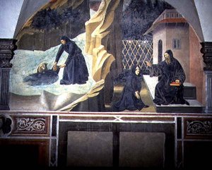 St. Benedictus skickar Mauro för att rädda den drunknande Placidus från sjön, detalj från freskcykeln av St. Benedictus liv från Chiostro degli Aranci (Apelsinernas kloster) ca 1430-talet (fresk) av Giovanni di Consalvo (attr. to)