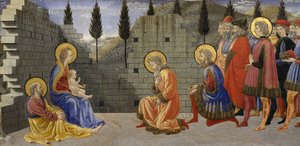 Tillbedjan av Magi, detalj av Nativity och tillbedjan av Magi, mellan 1457 och 1459, av Giovanni di Francesco (1412-1459), tempera på trä. av Giovanni di Francesco