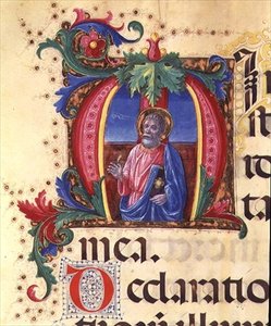 Ms 542 f.31r Historikert initial "H" som föreställer ett manligt helgon från en psalter skriven av Don Appiano från kyrkan Badia Fiorentina, Florens av Giovanni di Guiliano Boccardi
