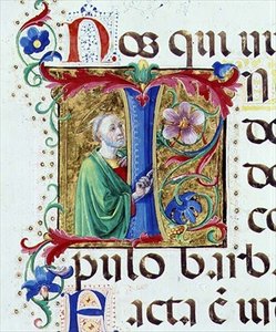 Ms 542 f.44v Historikert initial "I" som föreställer ett manligt helgon från en psalter skriven av Don Appiano från kyrkan Badia Fiorentina, Florens av Giovanni di Guiliano Boccardi