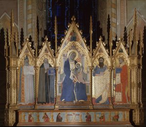 Jungfru med helgonen Augustinus, Sankt Antonius den store, Sankt Bartolomeus och Sankt Laurentius - tempera på panel