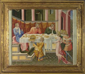 Johannes döparens huvud fördes till Herodes Predella Panel, 1454 av Giovanni di Paolo