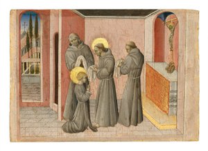 The Investiture of Saint Clare: the Saint tar emot kläderna av sin orden från Saint Francis, ca 1389-1482 (tempera & guld på panel) av Giovanni di Paolo
