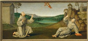 Sankt Franciskus av Assisi får stigmata ... av Giovanni di Pietro (c.1450 1529) (studio of)