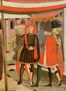 Frontal från Adimari Cassone, detalj av fyra män, c.1450 tempera på paneldetalj av 80304