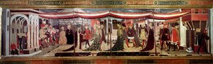 Bröllopsceremonin har renässanspanelen som dekorerar Cassone Adimari. Bröllopsscen på katedraltorget (Plaza de la Cathedrale Santa Maria del Fiore). Par i kortegen avancerar under ett tak. Målning av Giovanni av Ser Giovanni Scheggia (1406-