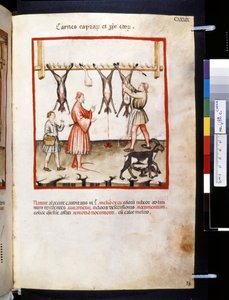Theatrum sanitatis av Ububchasym de Baldach: "Carnes Caprarum et Pulpe Edorum", 1300-talets första årtionde (miniatyr)
