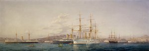 Fartyget HMS "Alexandra" i Malta omger den brittiska flottans fartyg som följer med det. Olja på duk