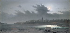 Utsikt över Malta utanför hamnen på natten, 1876