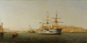 När fartyget HMS "Alexandra" lämnar Malta är byggnaderna i Valletta (Valletta) mycket detaljerade till höger. Olja på trä av Girolamo Gianni (1837-1895)