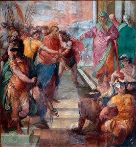 Kristus leds framför Caiphus Detalj av en av fresker av Kristi passion gjorda av Girolamo Massei (1540-1614) 1594-1600 Rom, Santa Prassede av Girolamo Massel