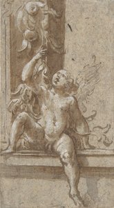 En putto sittande på en ram, ca. 1538-40. av Girolamo Mazzola Bedoli