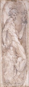 Adam håller ett äpple, sittande, i en medaljong, ca 1547-1553