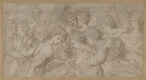Omfamnar kvinnliga figurer, några som håller noter., 1570-73. av Girolamo Mirol.