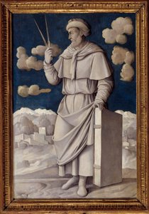 Porträtt vid foten av Euklid (325-265 f.Kr.), grekisk matematiker Målning av Girolamo Mocetto (1458-1531) 1531 Paris. Musee Jacquemart Andre - Hellängdsporträtt av Euklid (325-265 f.Kr.), engelsk matematiker. Målning av Girolamo Mocetto (1458-1531)