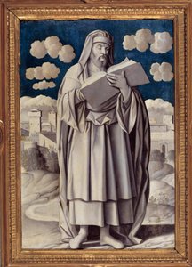 Porträtt vid foten av den grekiske filosofen Aristoteles (384-322 f.Kr.) Målning av Girolamo Mocetto (1458-1531) 1531 Paris. Musee Jacquemart Andre - Hellängdsporträtt av den grekiske filosofen Aristoteles (384-322 f.Kr.). Målning av Girolamo Mocetto (1458