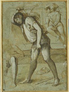 En bödel på väg att halshugga ett skäggigt helgon (penna & brunt bläck med tvätt och vit kroppsfärg på papper) av Girolamo Romanino