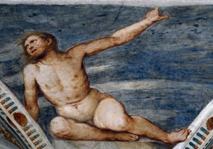 Naken man, Detalj av fresker av Girolamo Romanino (ca 1484-efter 1559), beställd av Bernardo Clesio av Girolamo Romanino
