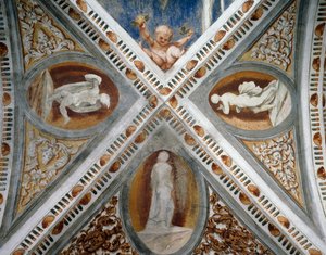 Mosaiknischer och statyer, Detalj av fresker av Girolamo Romanino (ca 1484-efter 1559), beställd av Bernardo Clesio av Girolamo Romanino