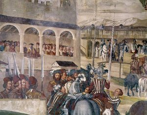 Turnering till ära för Christian I av Danmark på Castello di Malpaga, detalj från vänster sida, 1520-30 av Girolamo Romanino