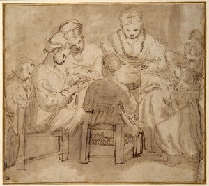 Kvinnor och flickor sitter runt ett bord och syr (penna & brunt bläck med brunt tvätt på papper) av Girolamo Romanino